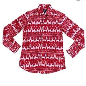 Simon Banks - Red and White Reindeer Print Christmas Holiday Shirt